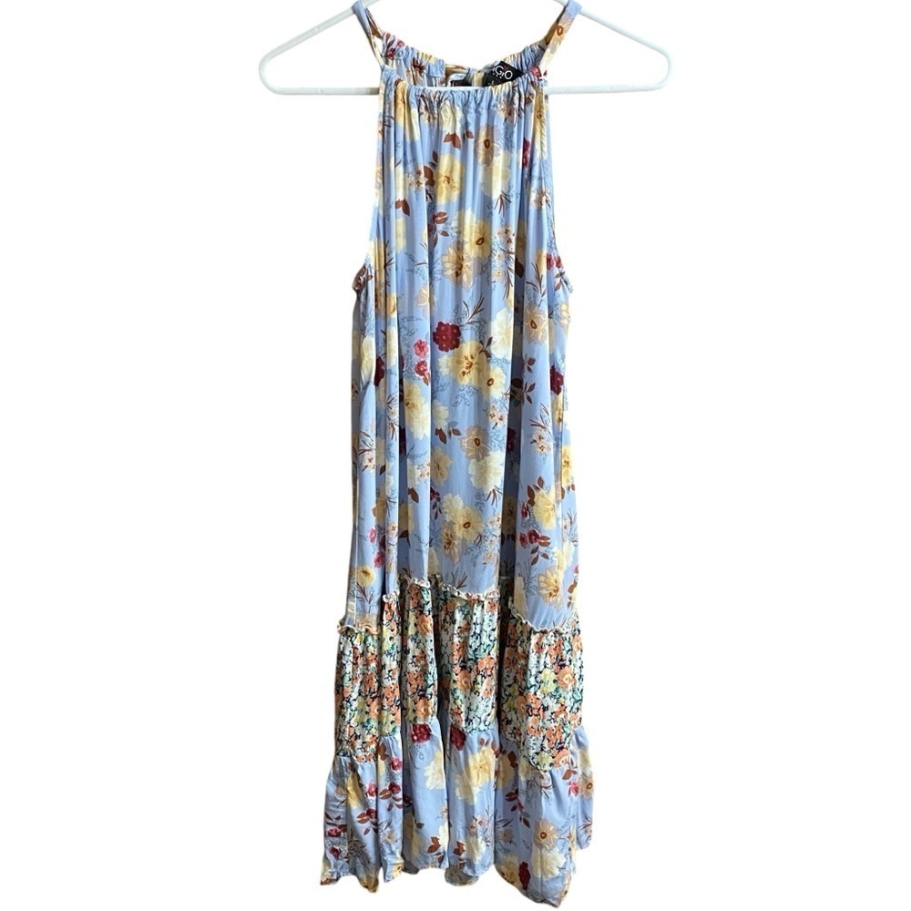 Gigio Blue Floral High Neck Halter Style Sleeveless Tiered Midi Dress Size Large